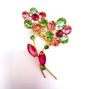 Vintage Large Gold Tone Pink/Green Glass Rhinestone Prong Setting Flower Brooch